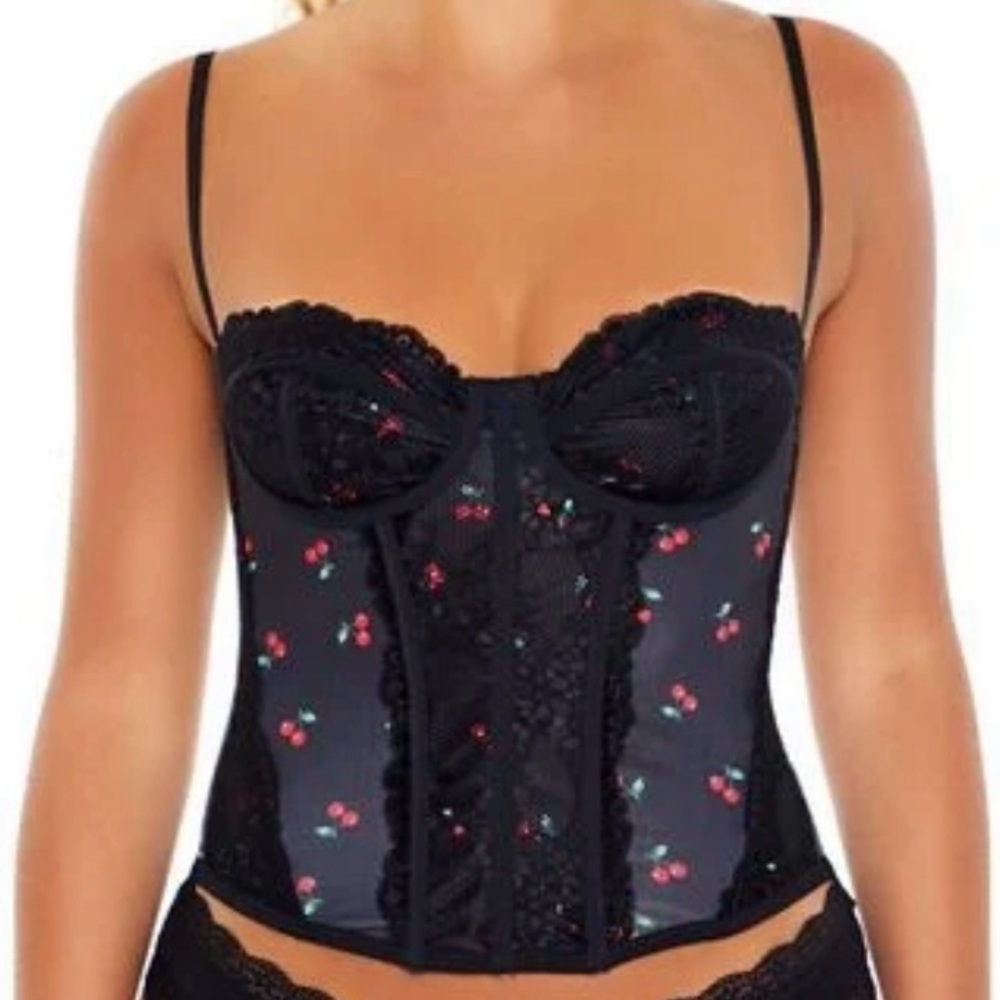 Forever 21 Black Lace Bustier with Cherry Print